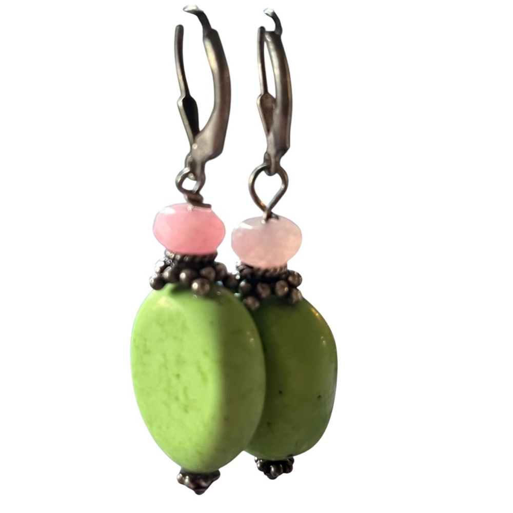 Green Gaspeite and Pink Tourmaline Dangle Earrings